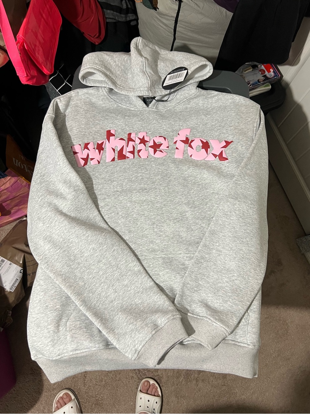 White Fox Boutique  Grey Hoodie with Pink & Red Star Logo